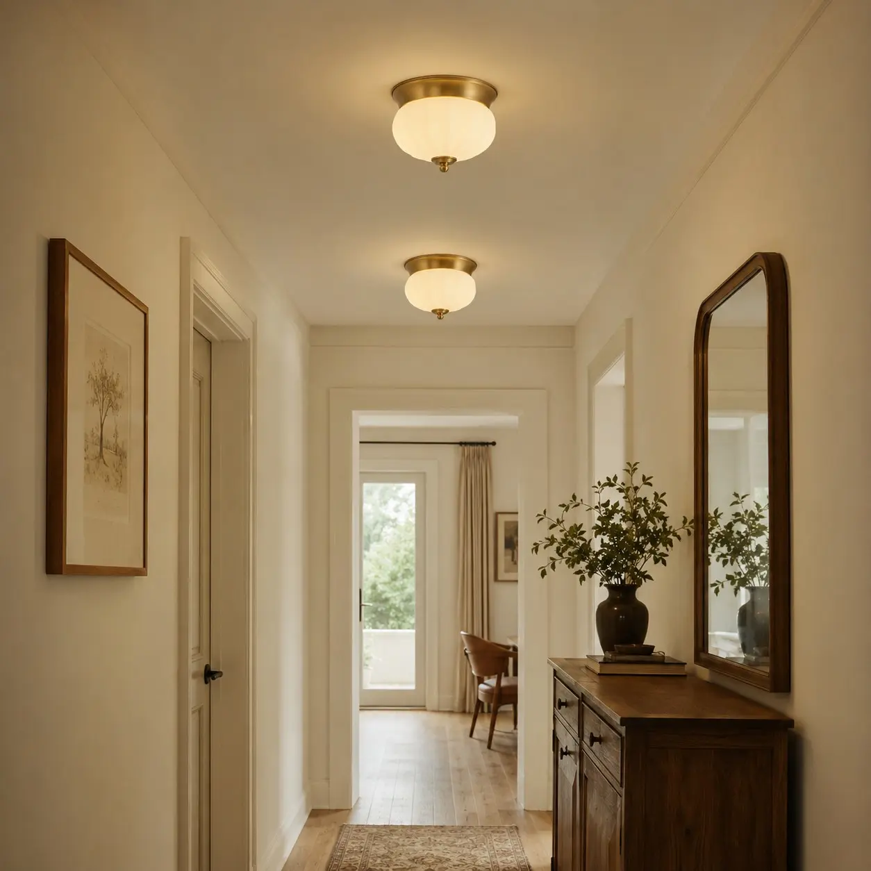 Two brass and opal glass ceiling lights in a hallway