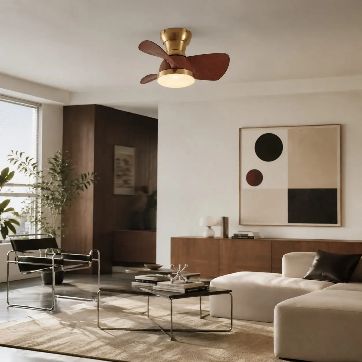 Natural copper ceiling fan light in a modern living room