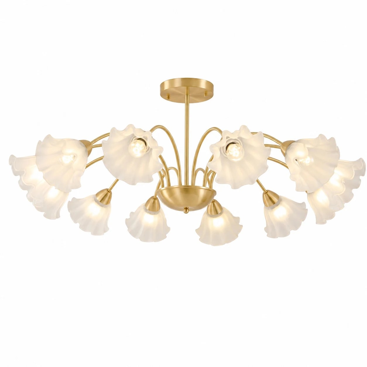 Solid brass twelve-arm floral glass chandelier on a white background