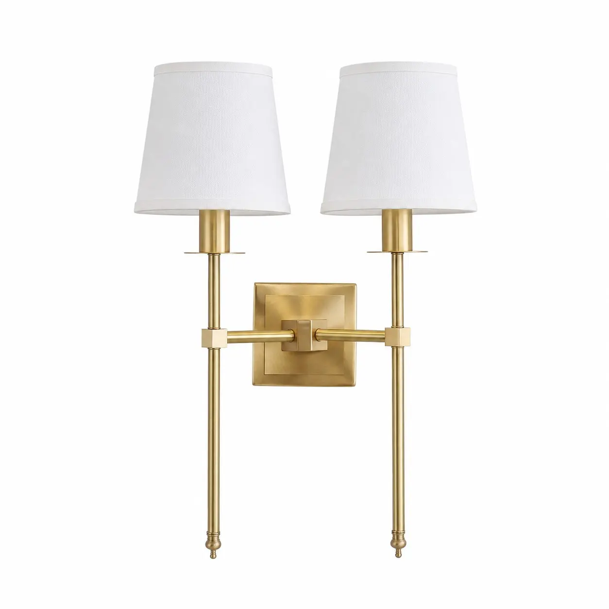 Double Head brass wall sconce with white fabric shades