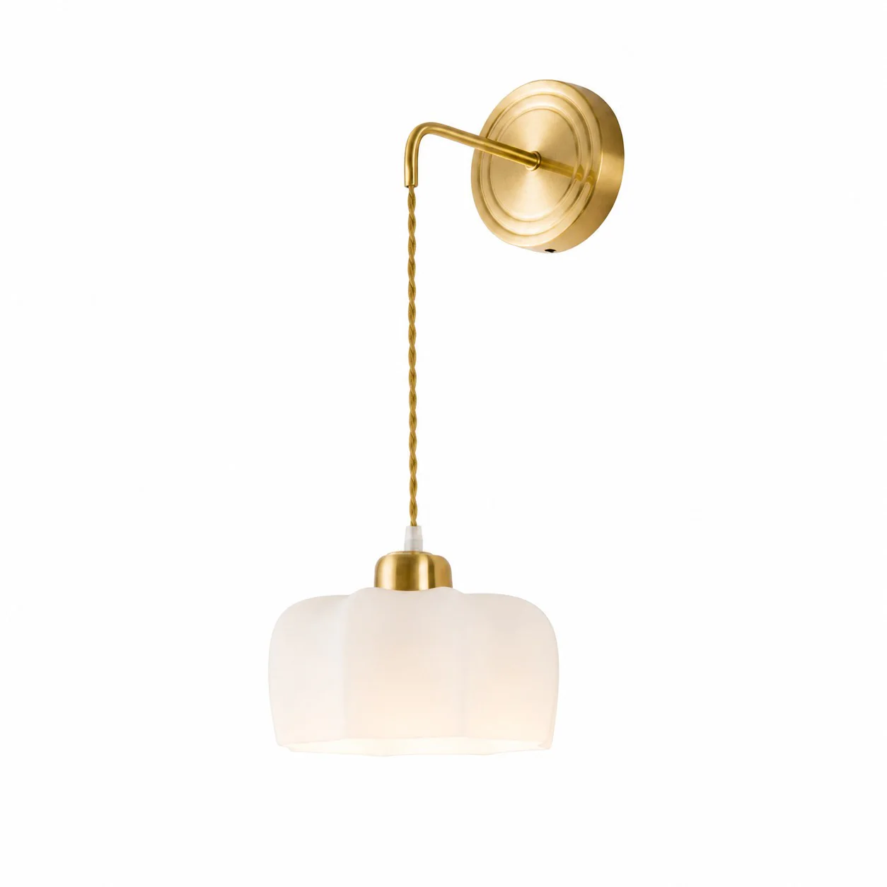 Style C scalloped shade brass drop cord glass wall sconce