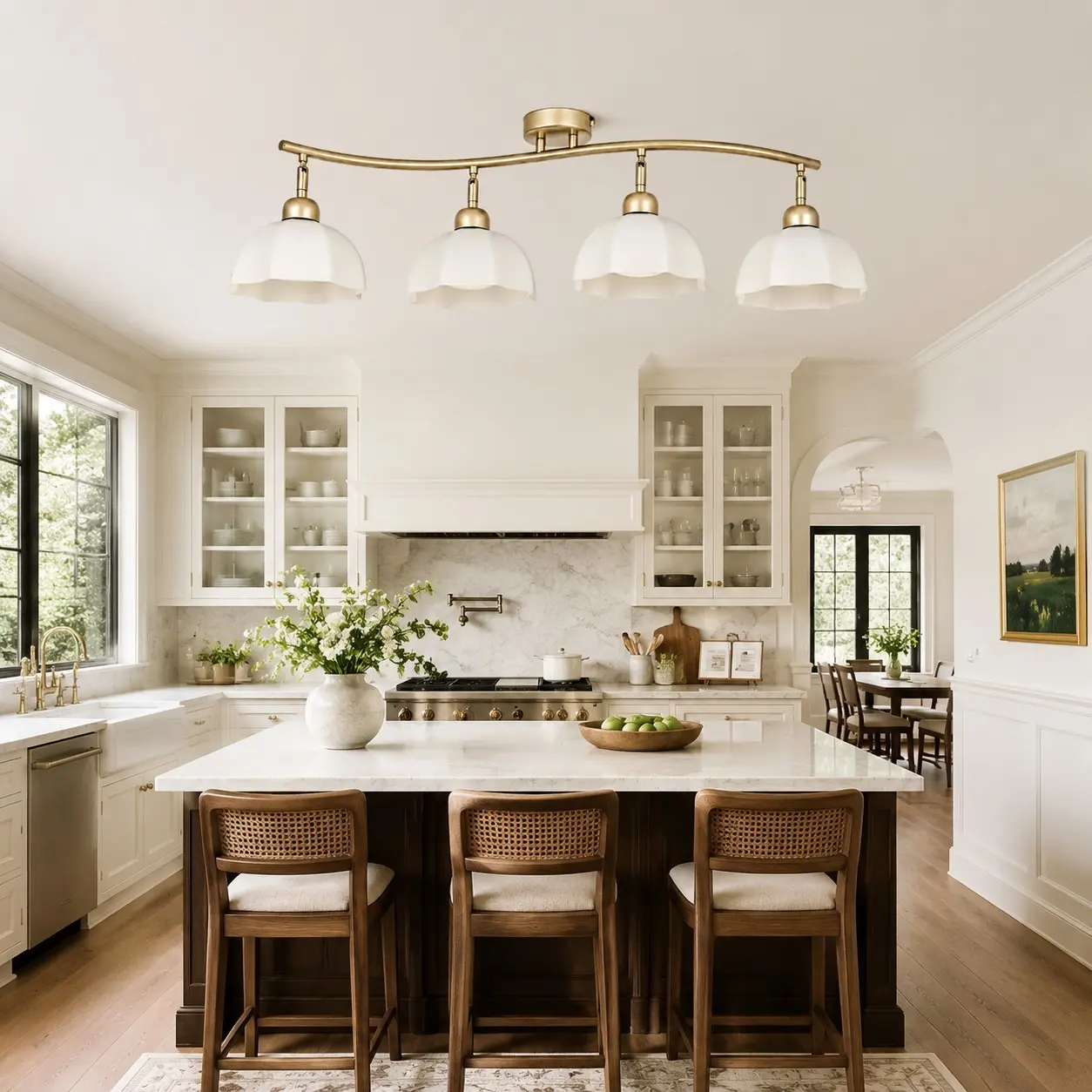 Gold 4-light ceiling fixture in a bright kitchen