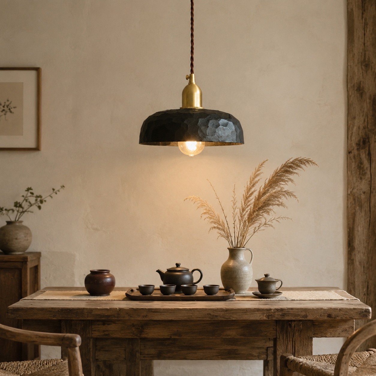 Hand-carved Wabi-Sabi wood pendant lamp