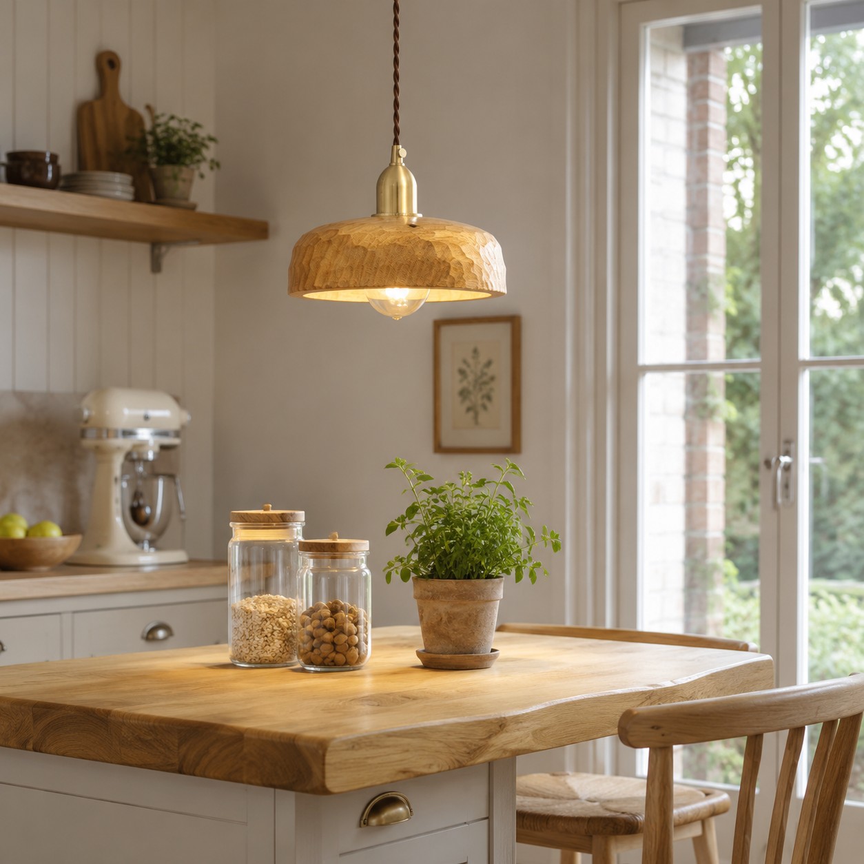 Hand-carved Wabi-Sabi wood pendant lamp