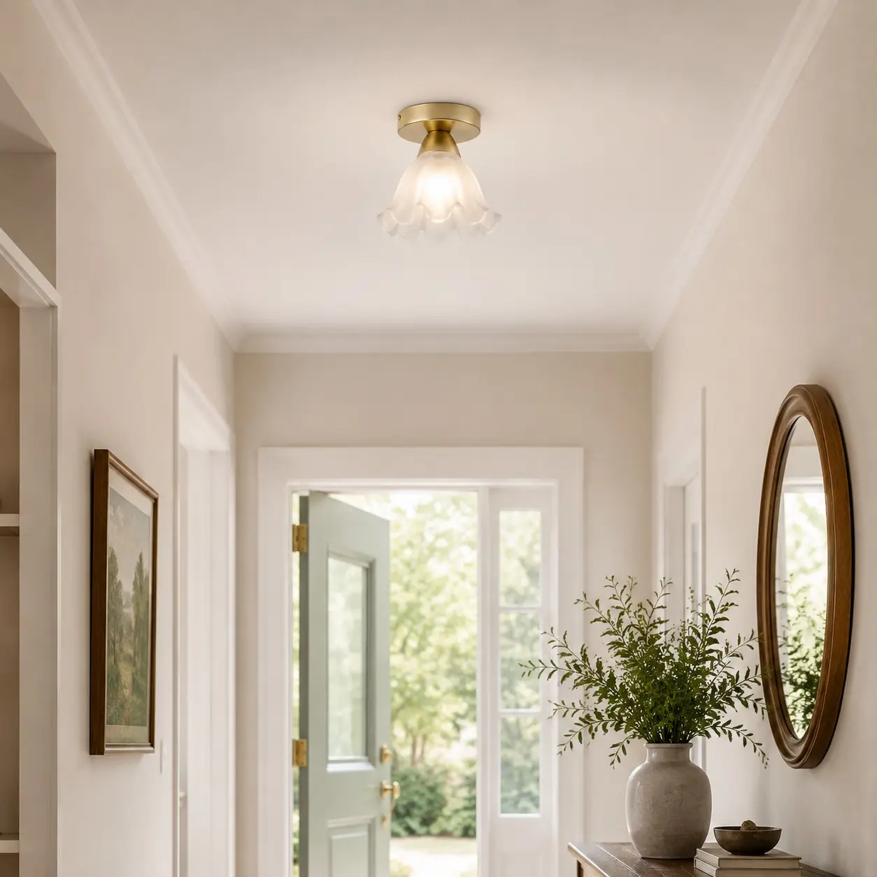 Petal glass ceiling light in a bright entryway