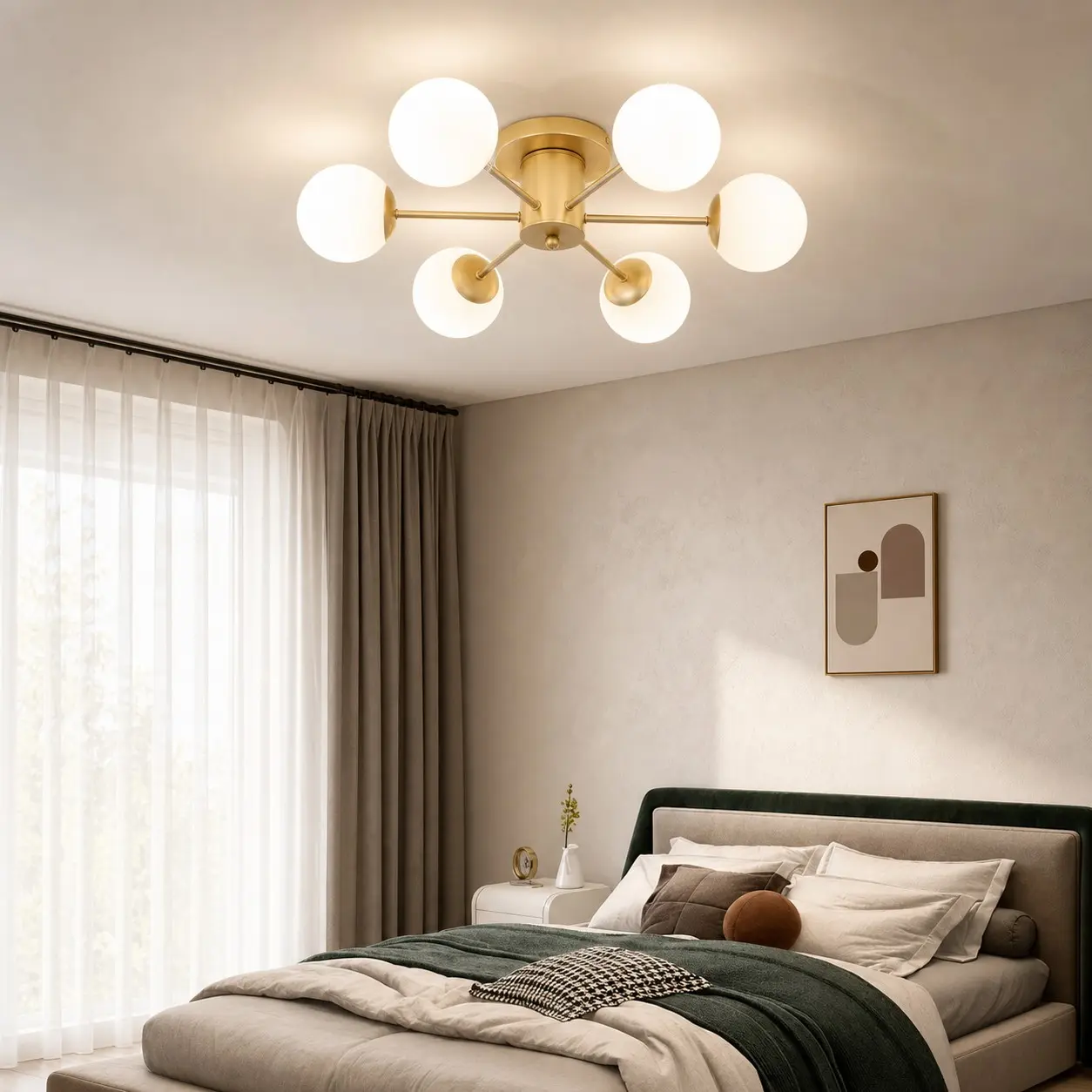Gold globe ceiling light in a calm modern bedroom