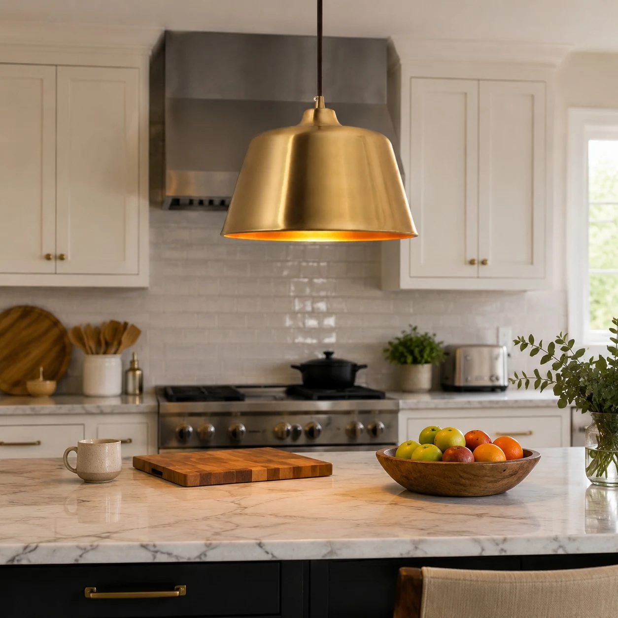 Bright brass pendant lamp installed above a kitchen island