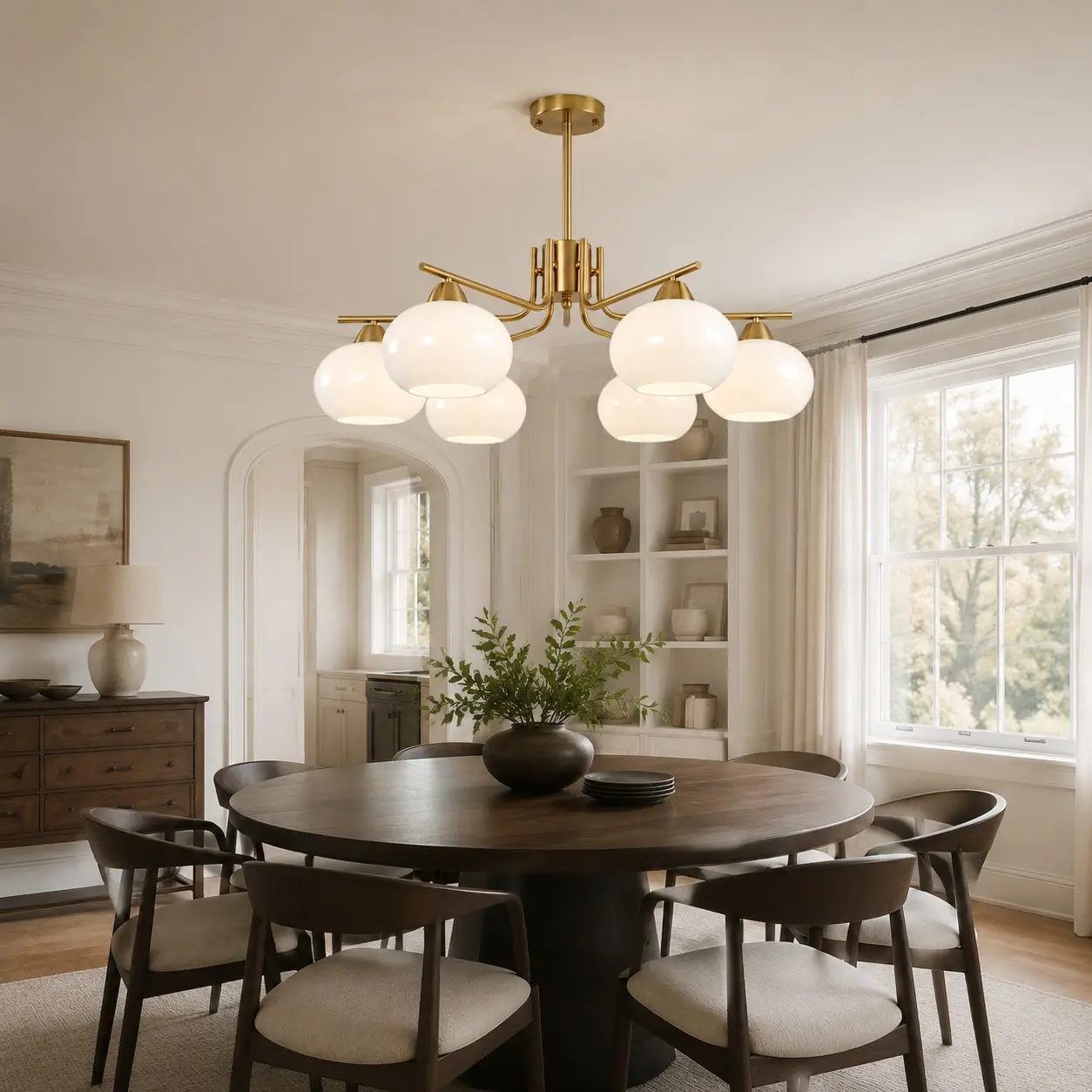 Gold milk glass chandelier in a warm dining room
