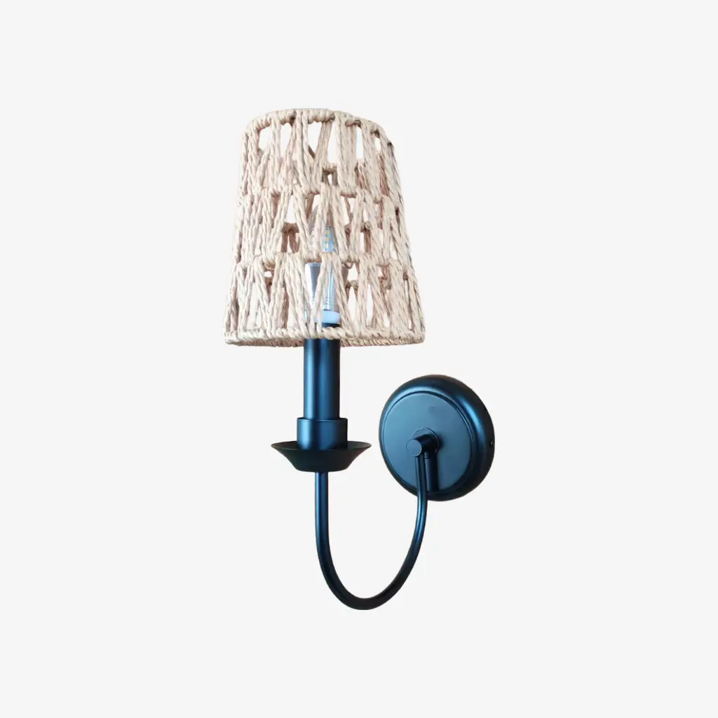 Matte black wall sconce with B woven shade