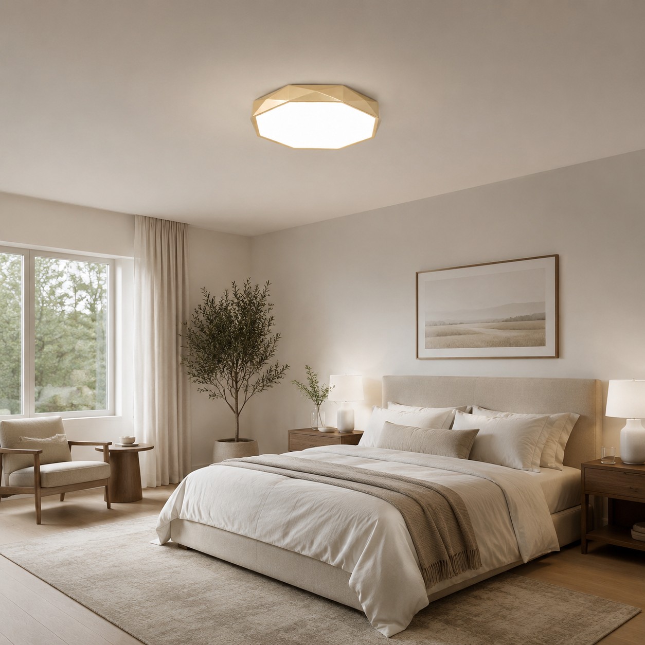 Gold ceiling light installed in a neutral bedroom
