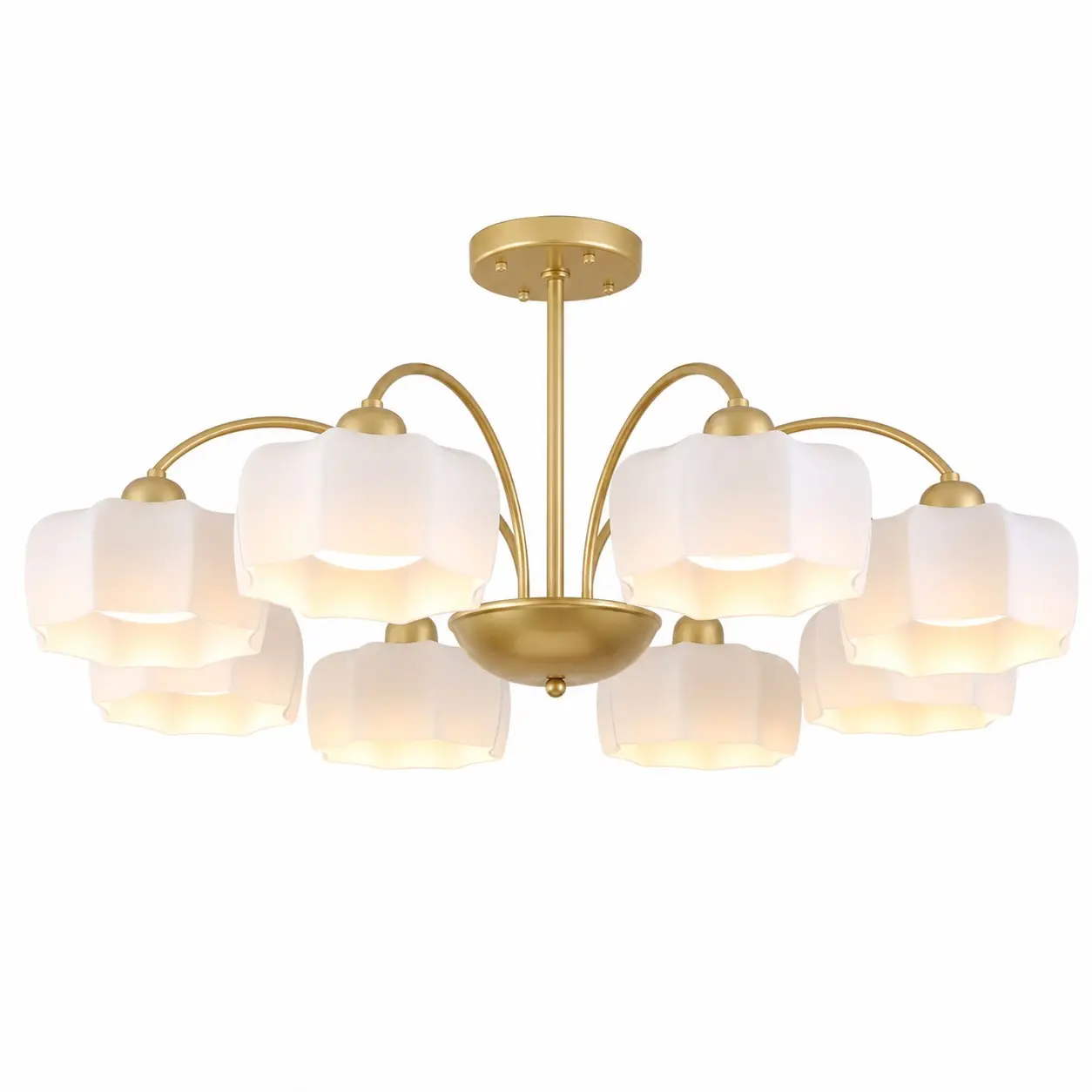 Illuminated 8-light chandelier on a white background; bulbs not included