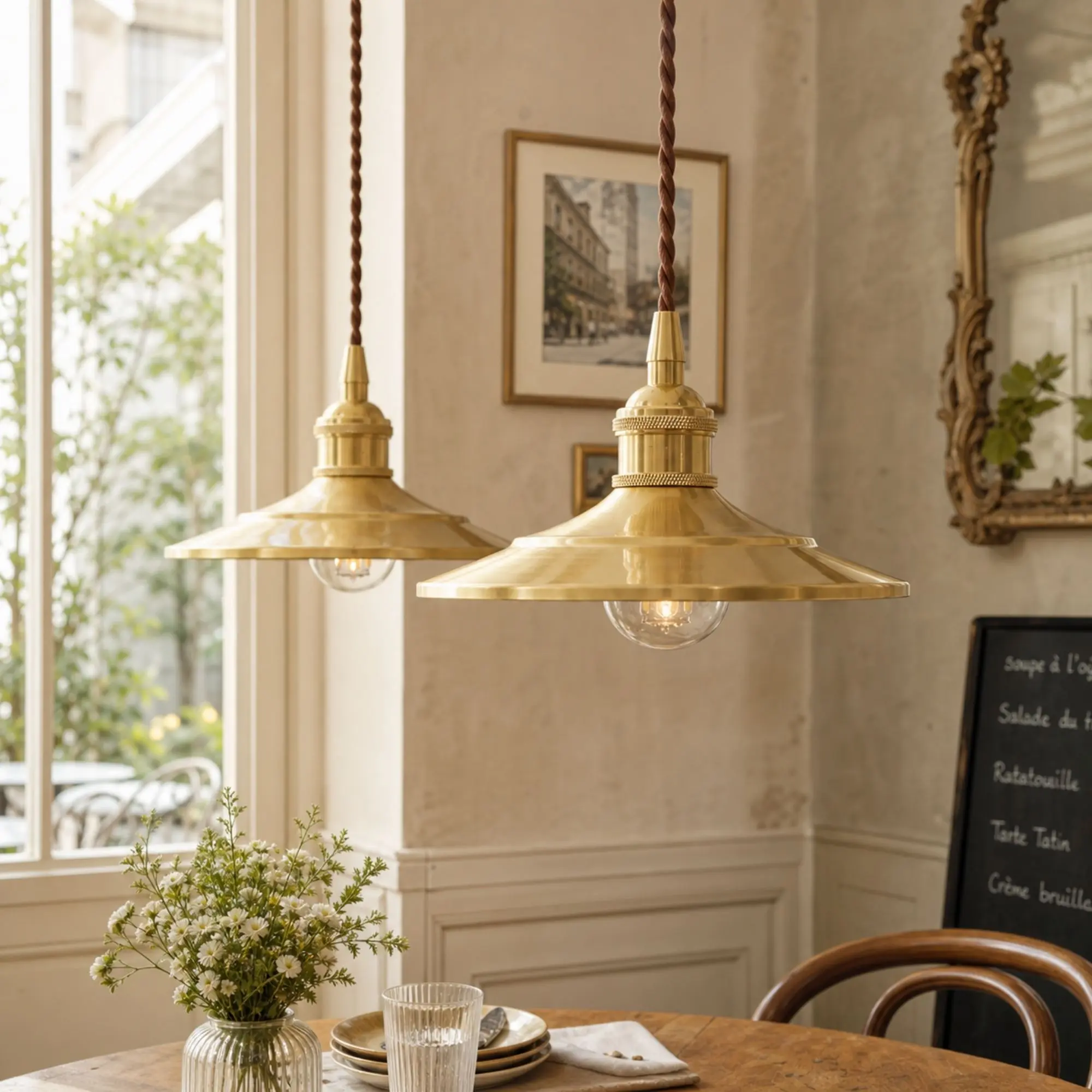 Pair of polished brass pendant lights above a dining table