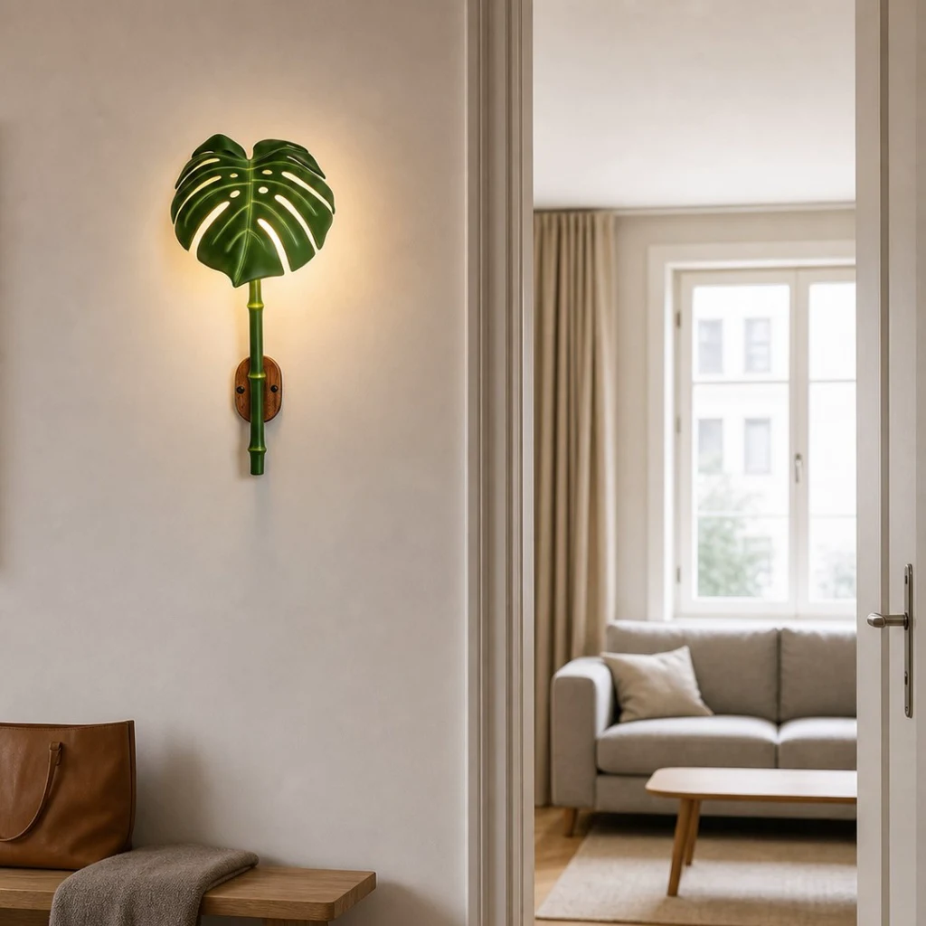 Resin leaf sconce in a warm architectural scene