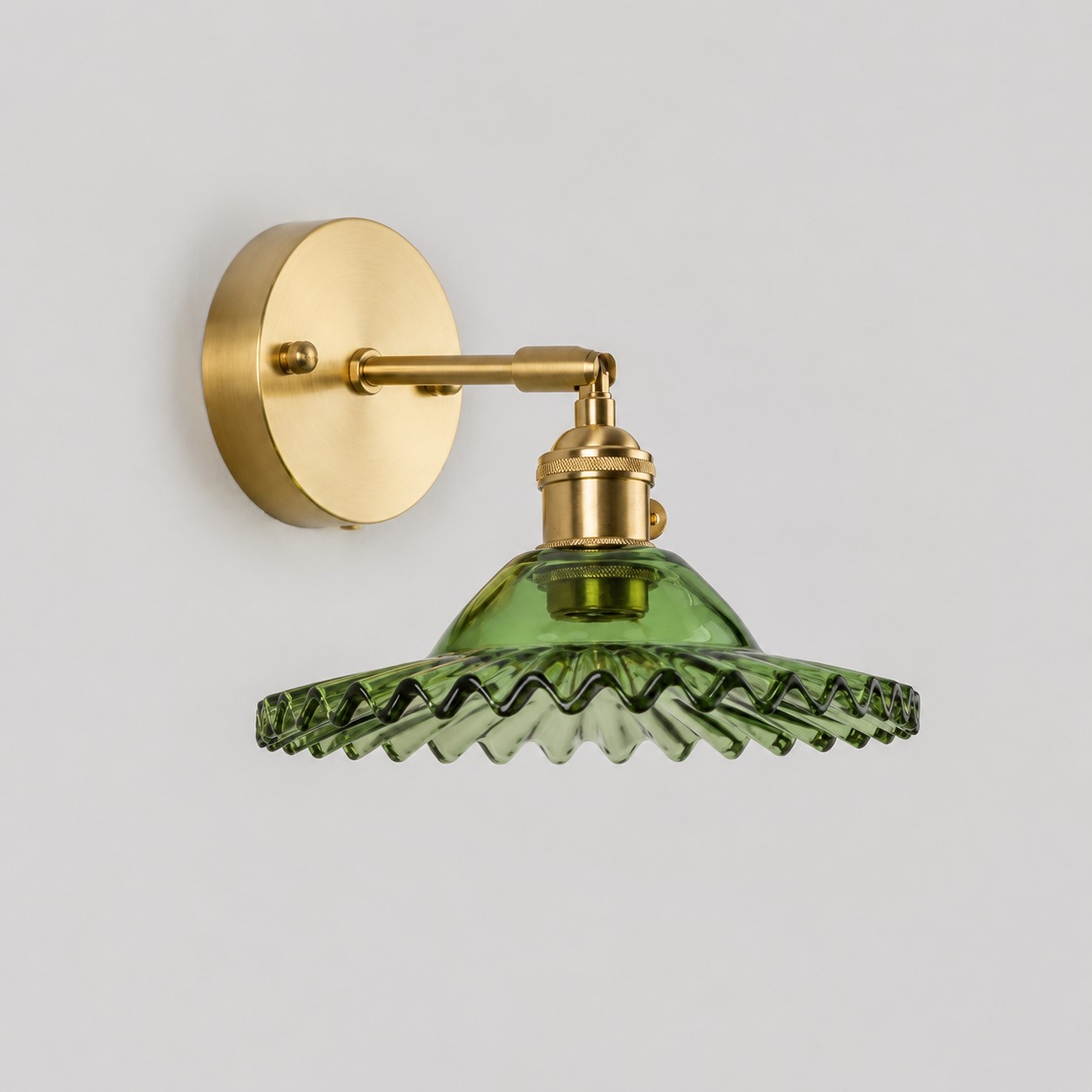 Vintage green glass wall light with brass arm, 912LZ shade 7 cm high and 22 cm diameter