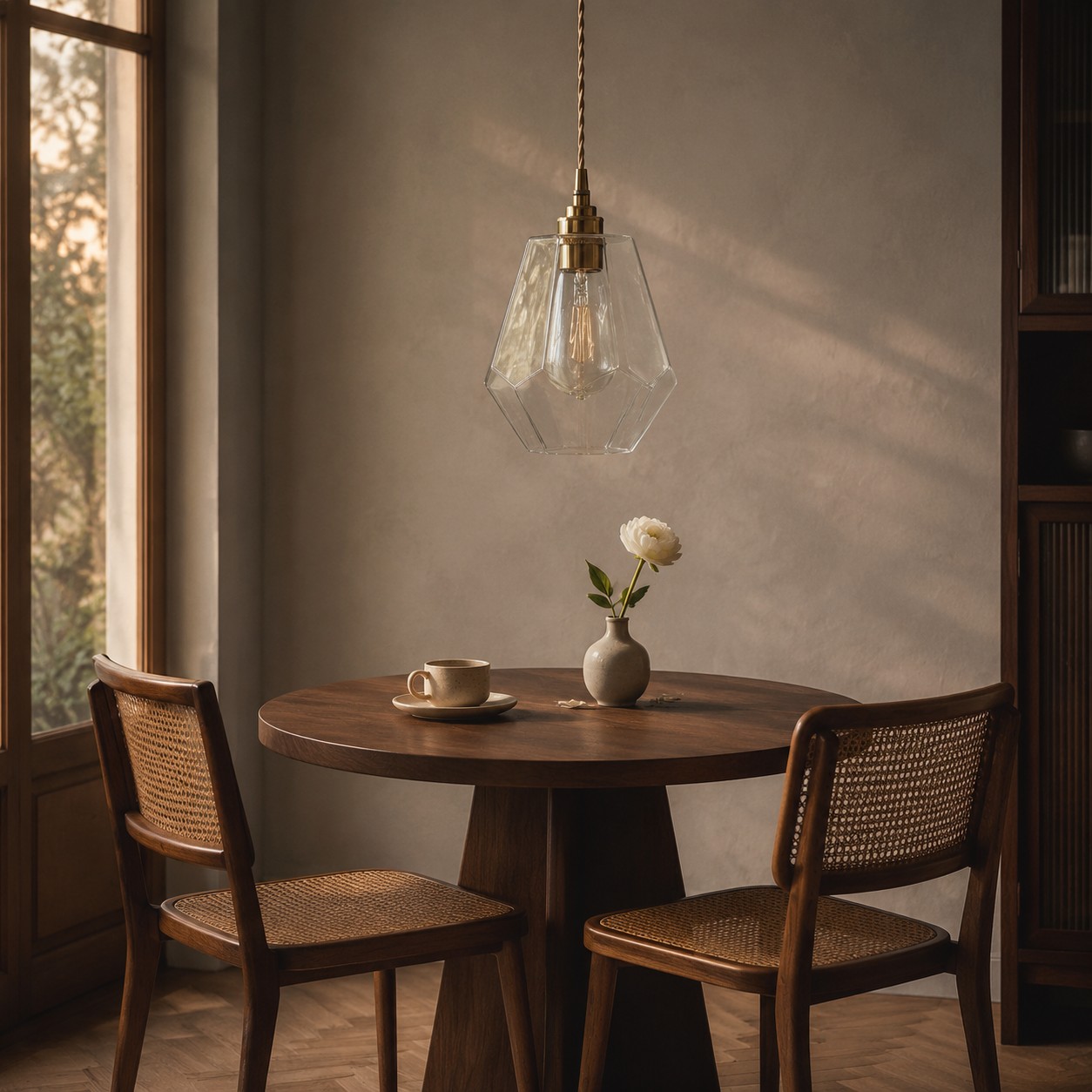 Clear faceted glass pendant light over a small dining table