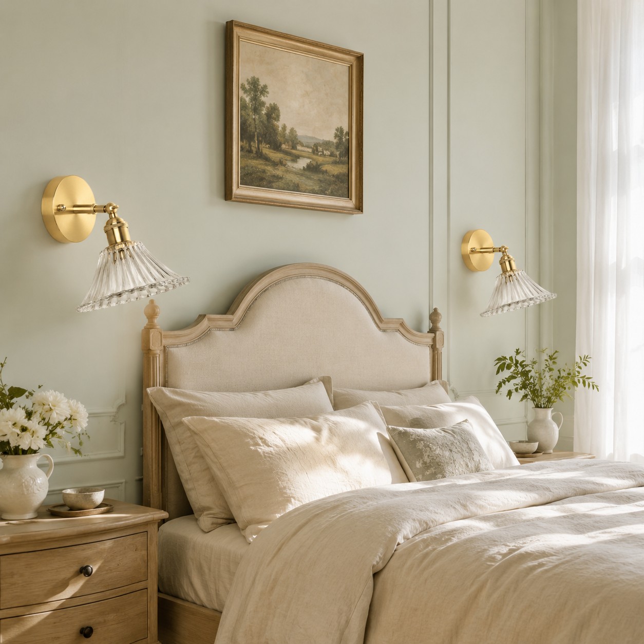 Brass and glass wall light beside a reading chair and side table