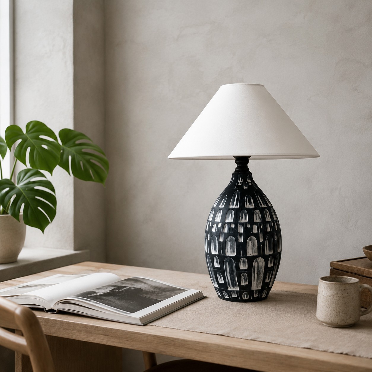 Black ceramic table lamp on a desk or console
