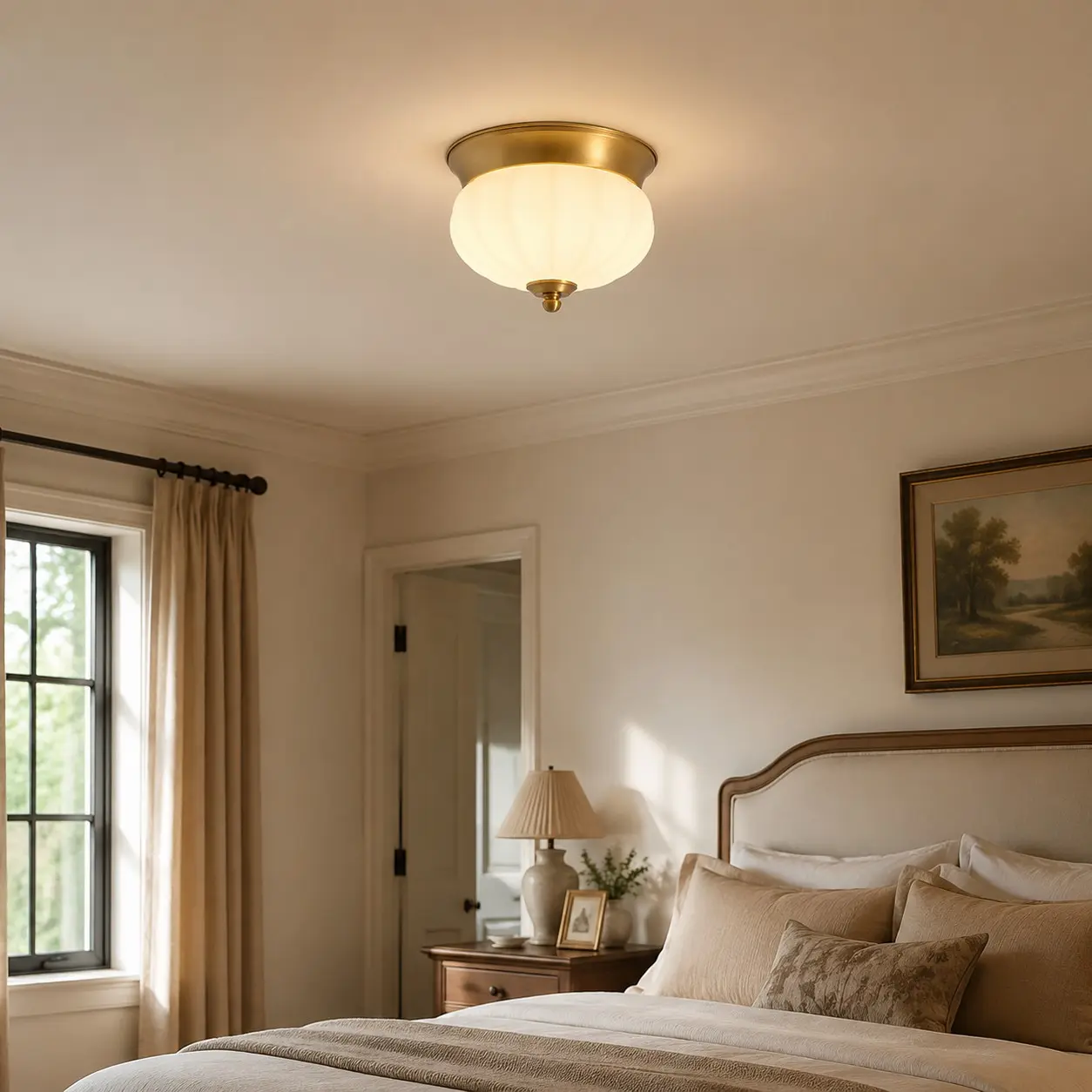 Integrated LED brass ceiling light in a neutral bedroom