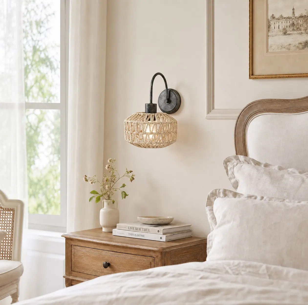 Woven rattan wall sconces in a serene bedroom