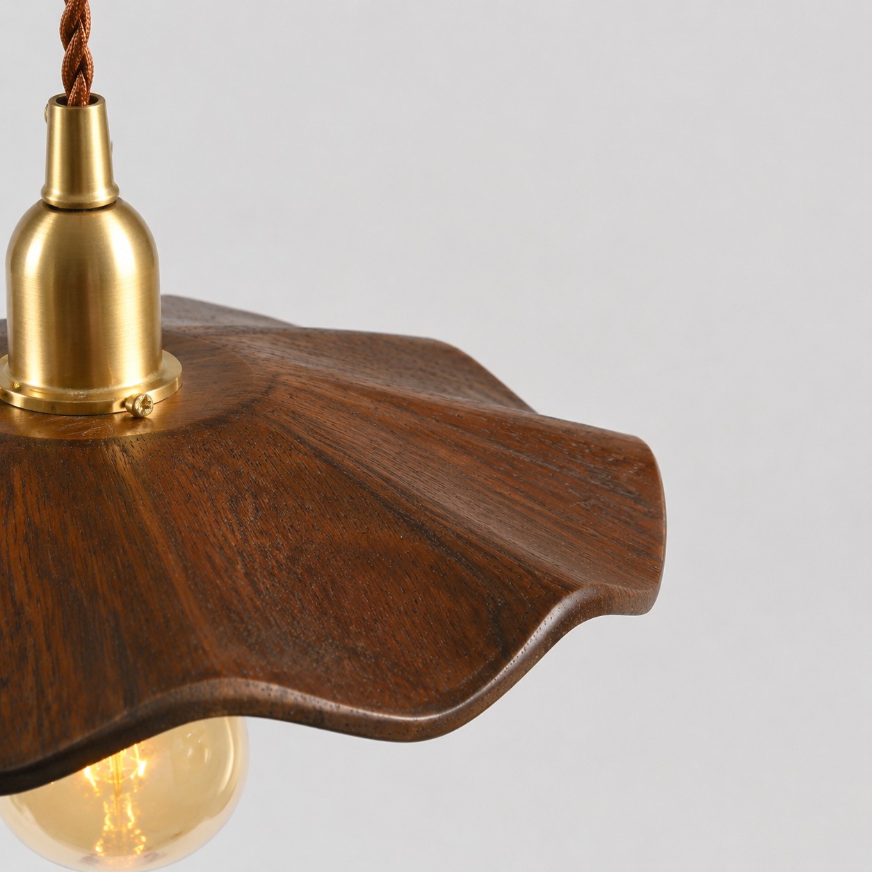 dark wood lotus pendant light wood grain detail