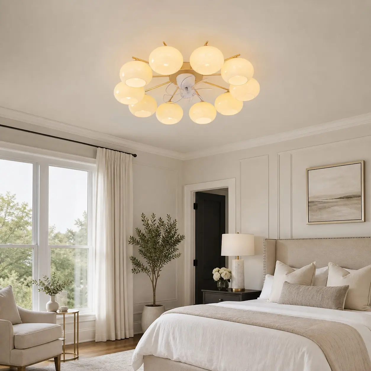 Gold ceiling fan light installed in a calm modern bedroom