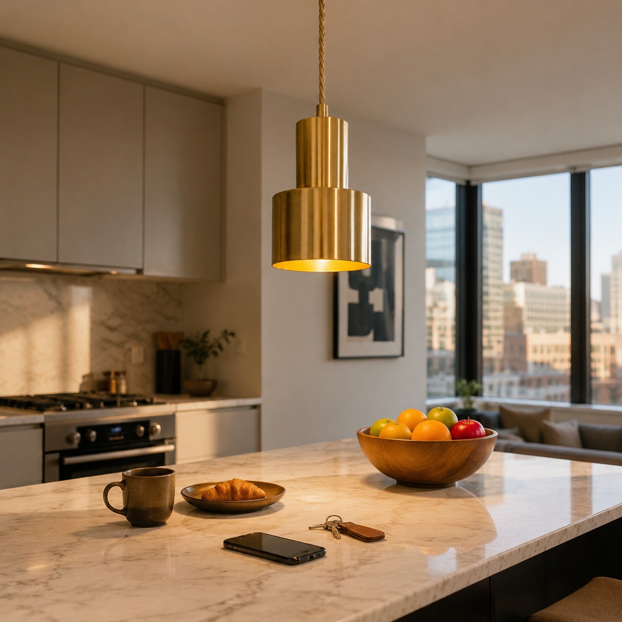 Vintage brass pendant lamp above a kitchen island