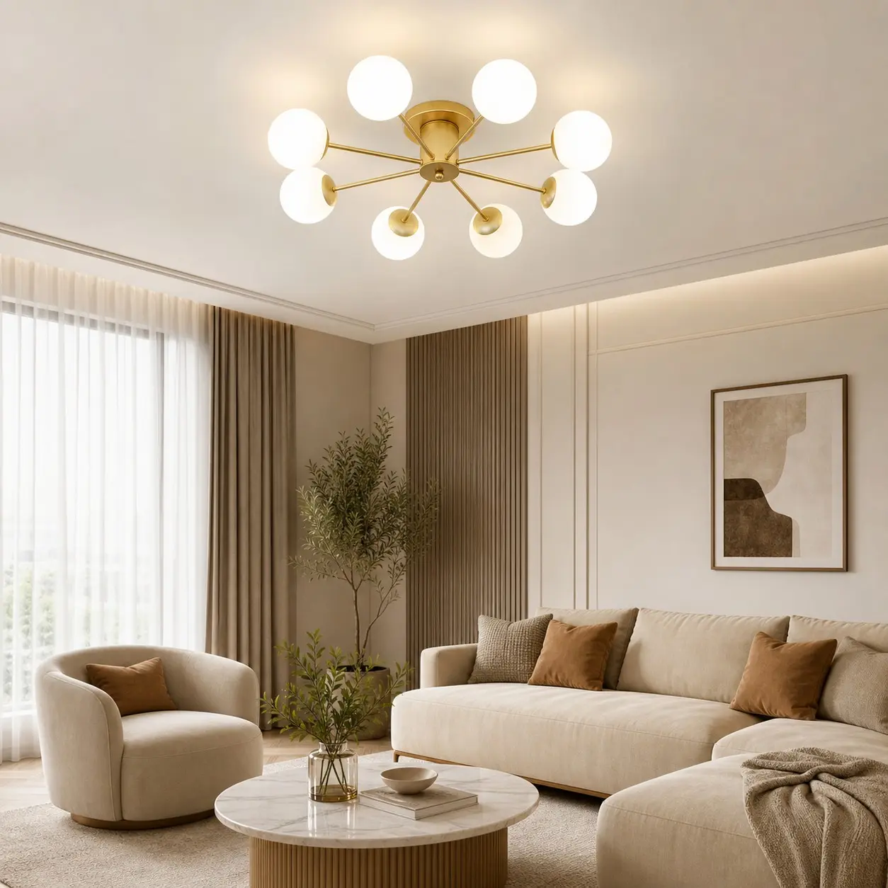 Six-head gold globe ceiling light in a warm living room