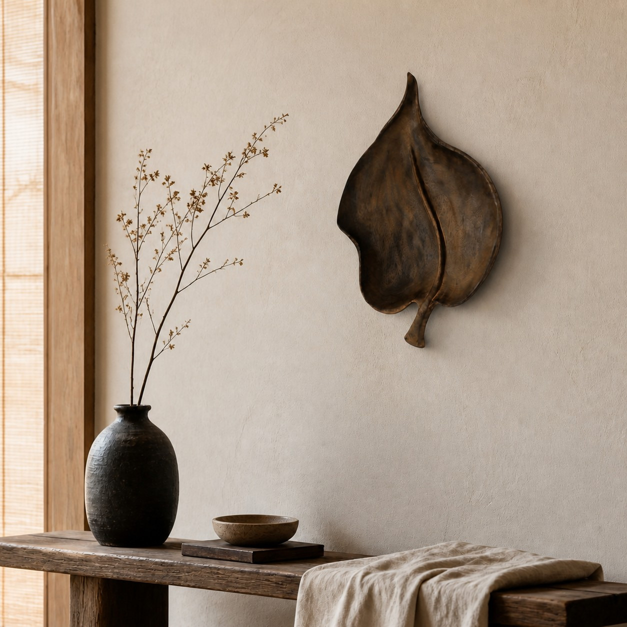 Small wooden leaf wall sculpture in a warm minimalist room