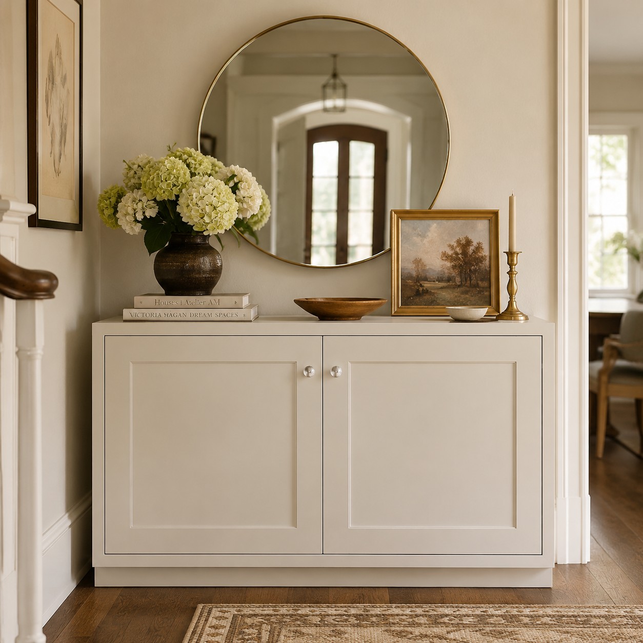 Pearl white cabinet knobs on an entryway cabinet