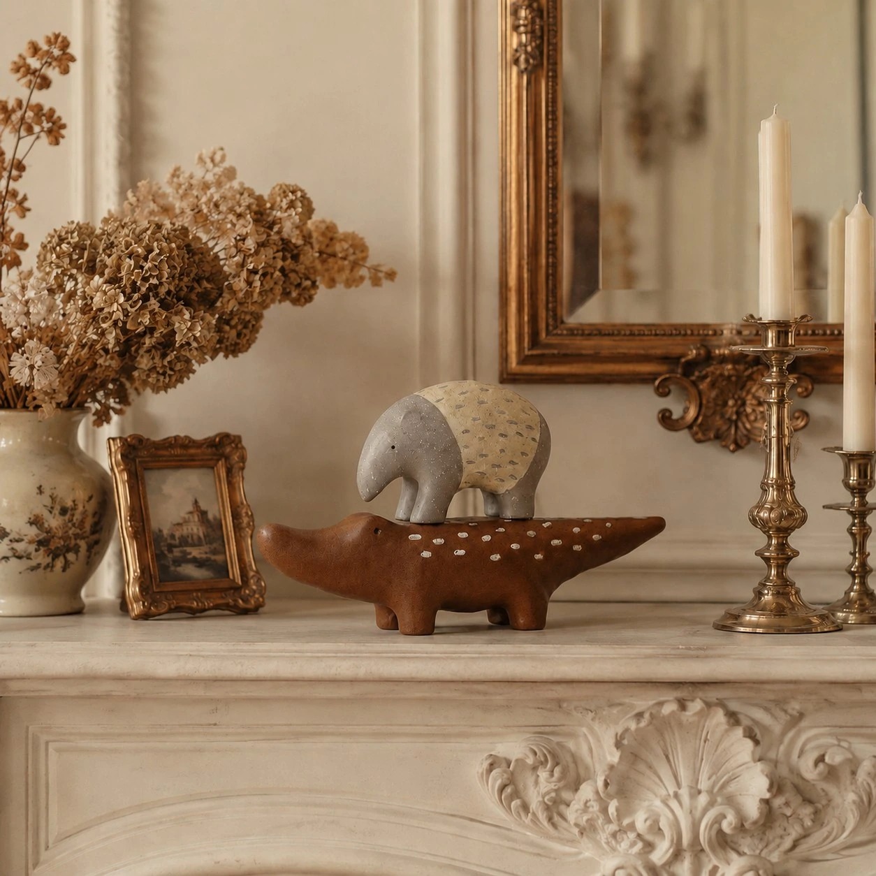Animal resin decor styled with books and shelf objects