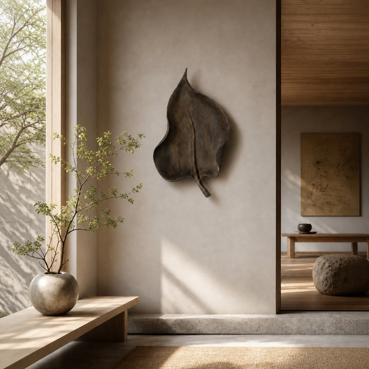 Large wooden leaf wall sculpture in a calm natural interior