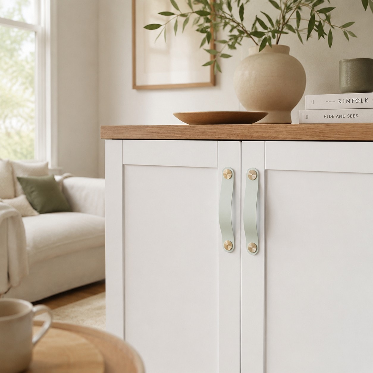 Cowhide leather and brass cabinet pull handle detail and lifestyle image