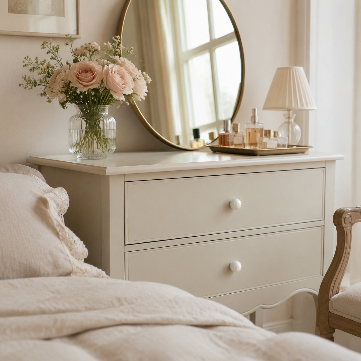 Pearl white cabinet knobs in a bedroom setting