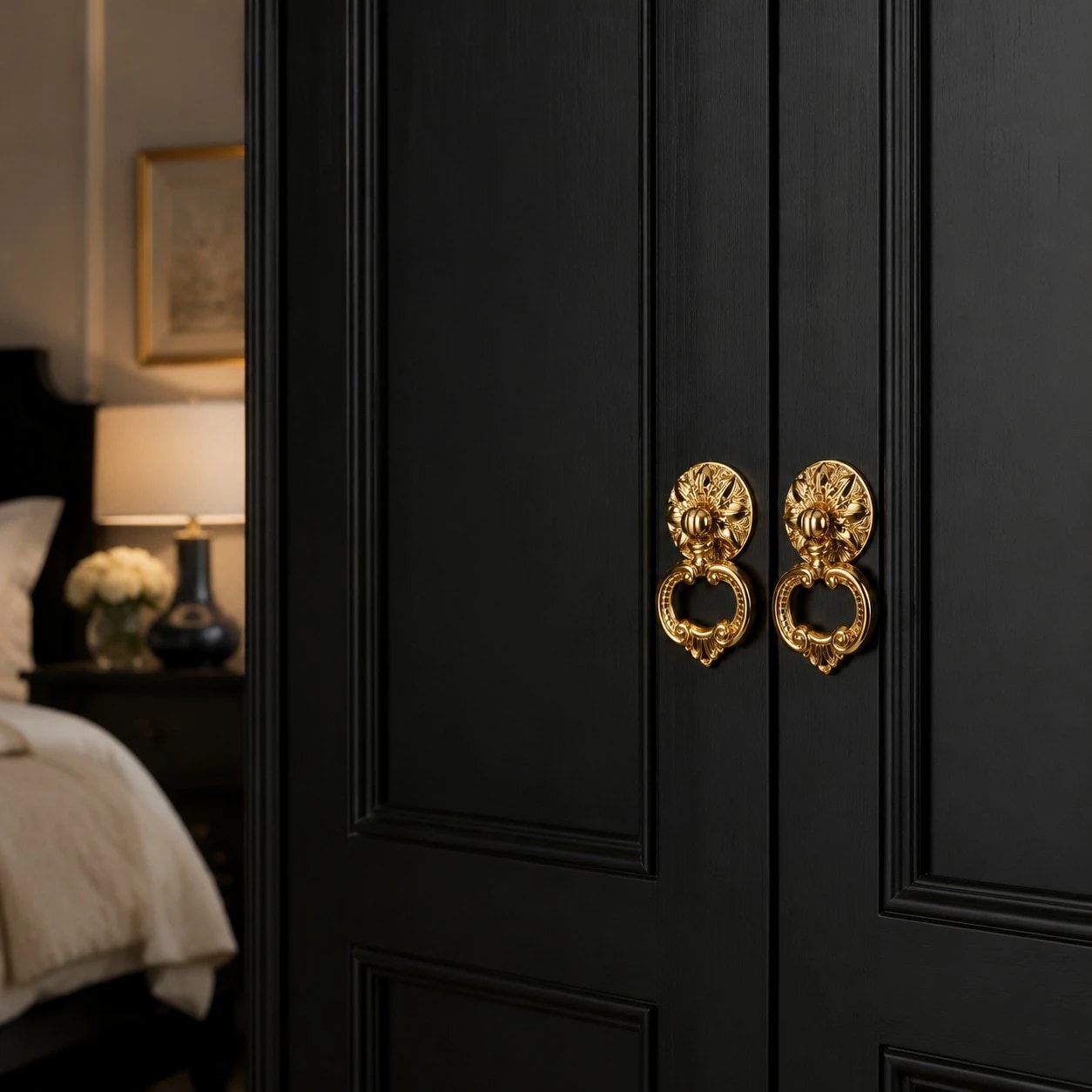 Brass ring pulls on a dark wardrobe