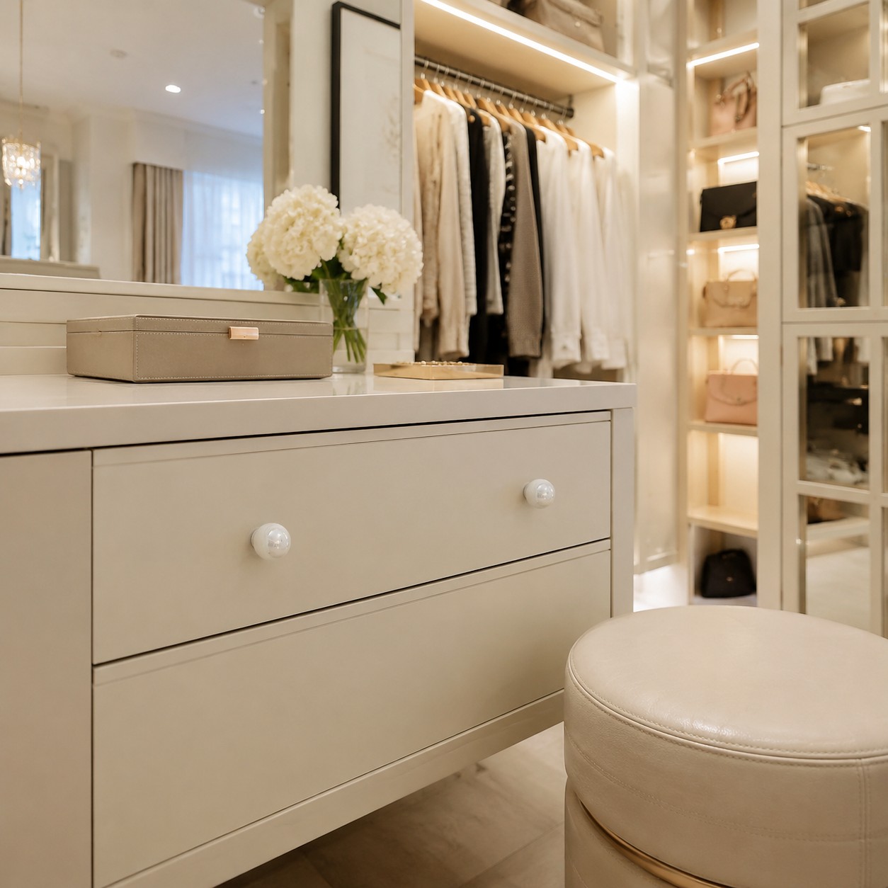 Pearl white cabinet knobs in a dressing room