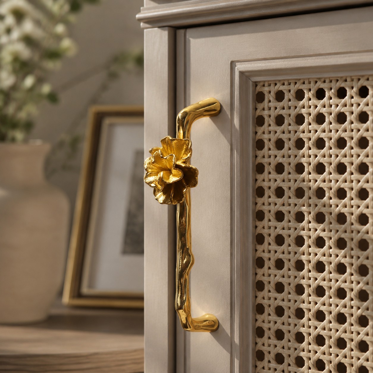 Decorative brass cabinet handle in a refined interior