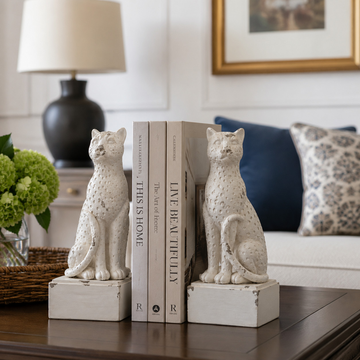 Leopard bookends styled with books