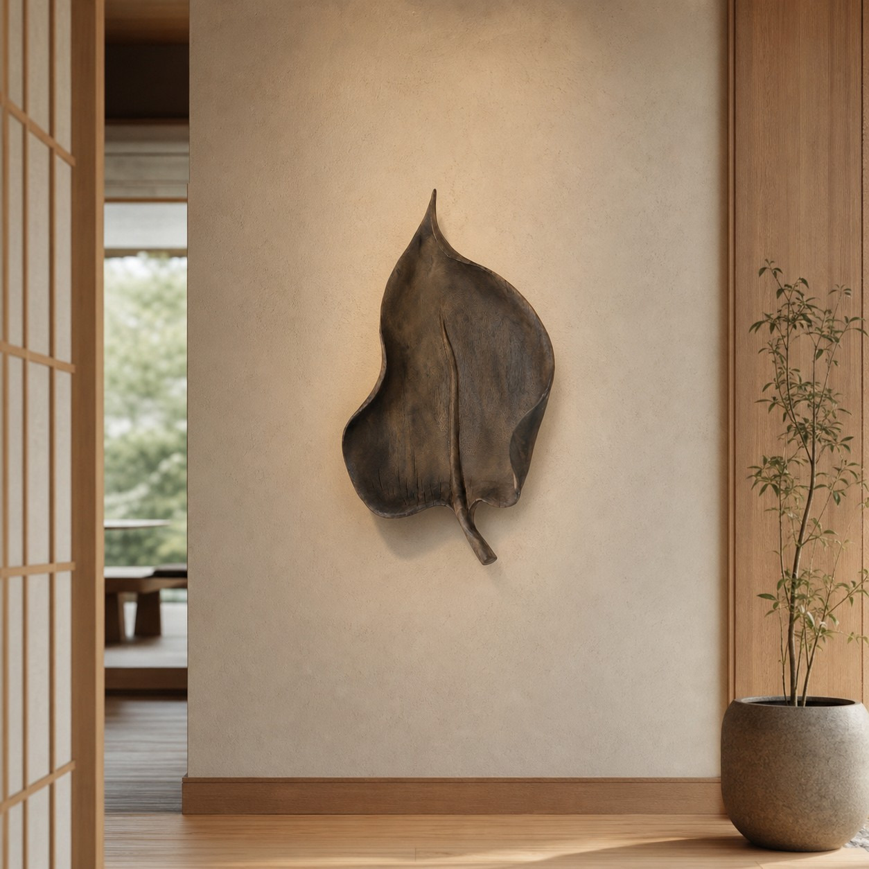 Large leaf wall decor in a wabi-sabi entryway