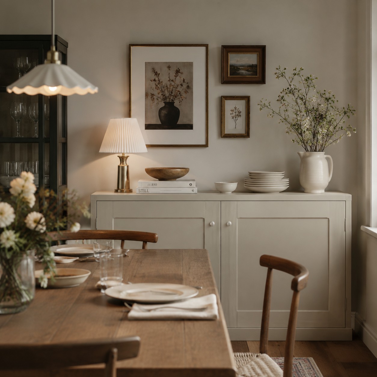 Pearl white cabinet knobs in a dining room