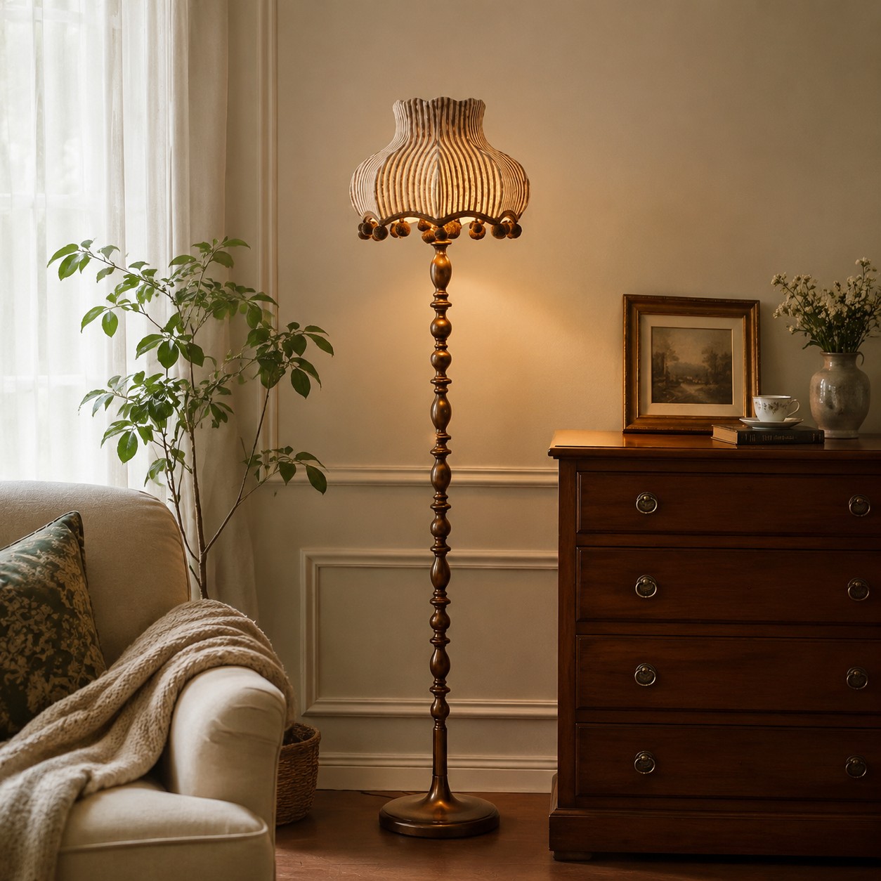 Full view of vintage floor lamp with blue and orange fine check fabric shade