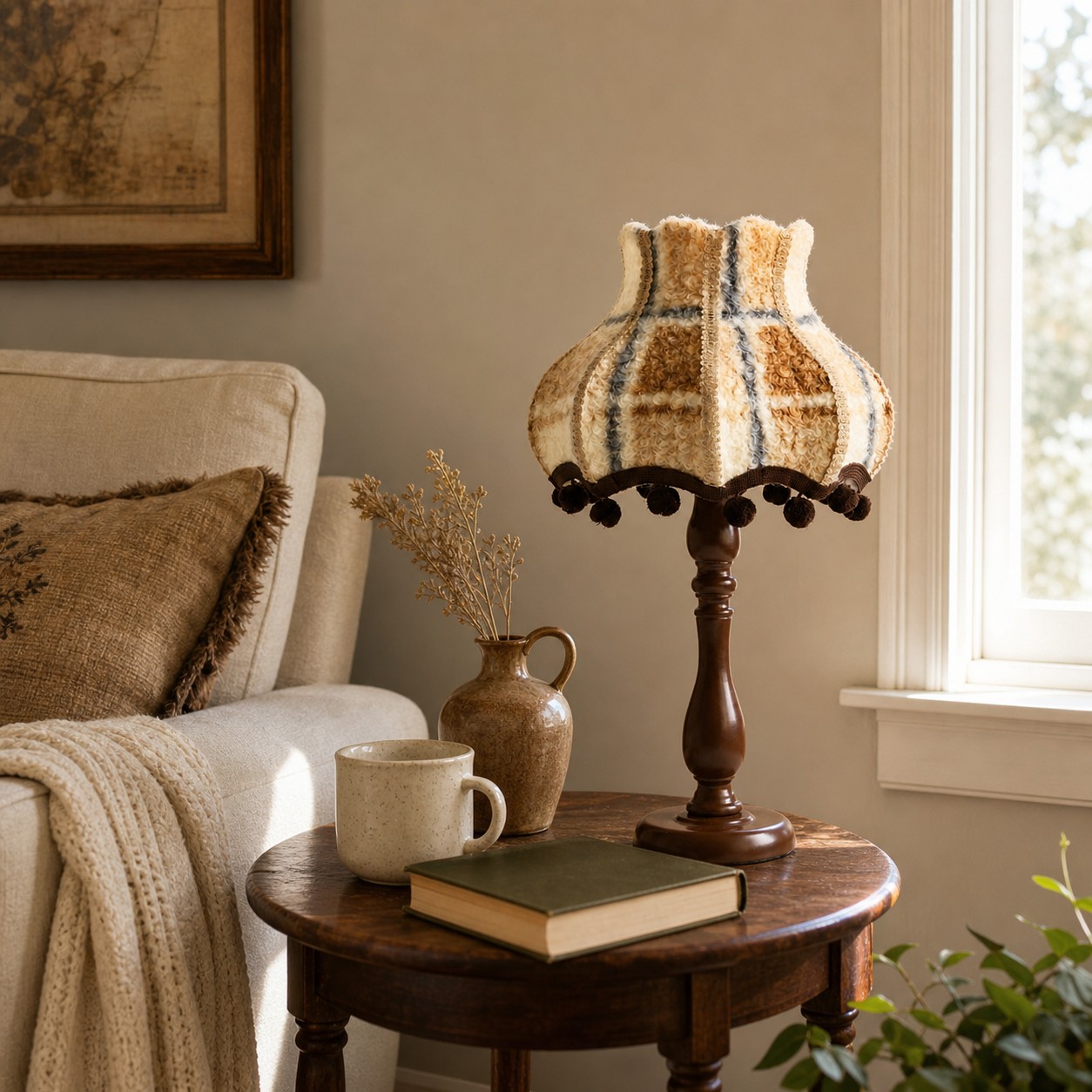 Vintage fabric table lamp on a round side table by a window