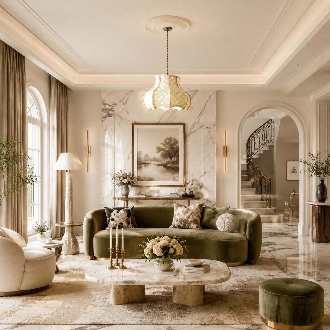 Sage floral fabric pendant light above a lounge seating area