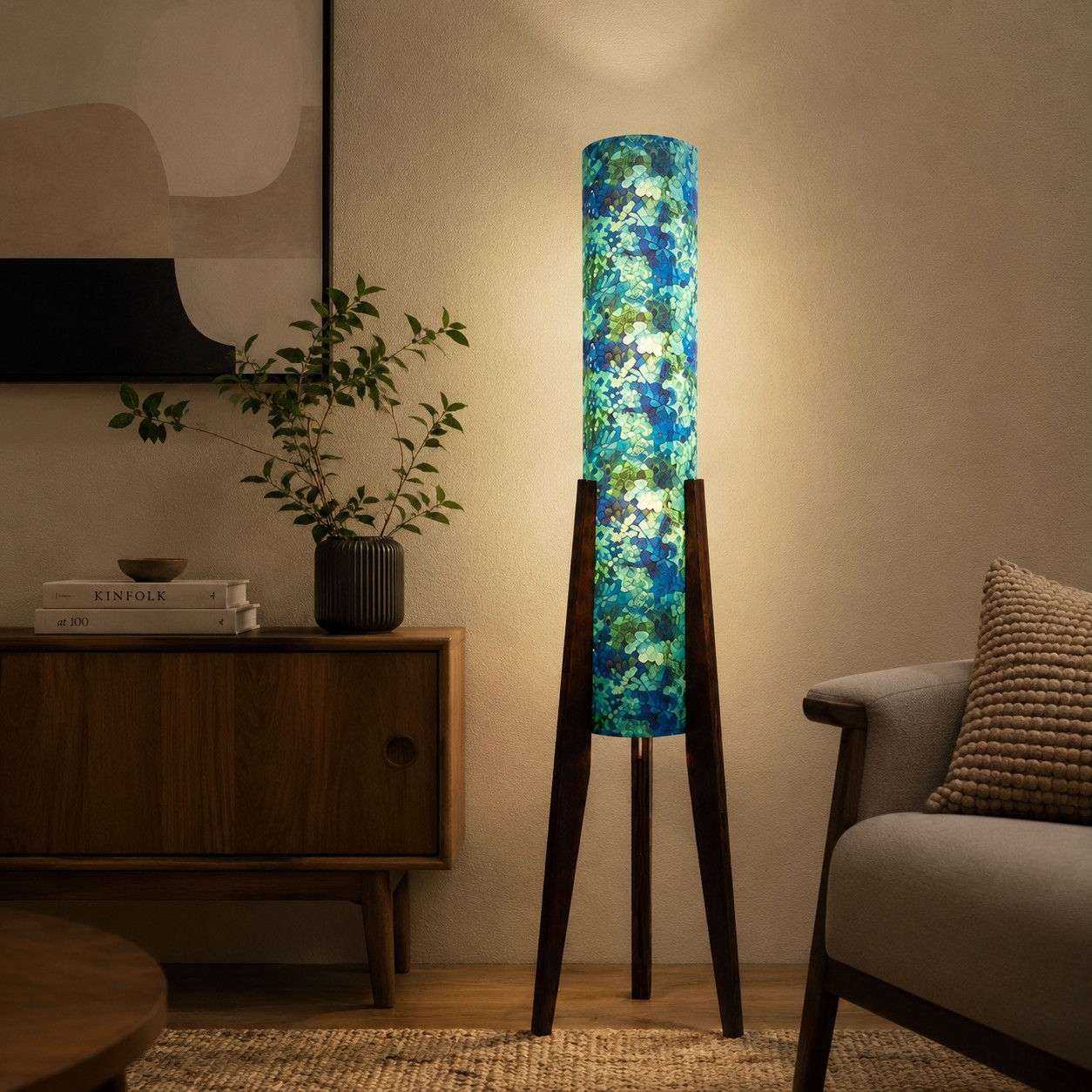 Multicolor striped tripod floor lamp in a warm room setting