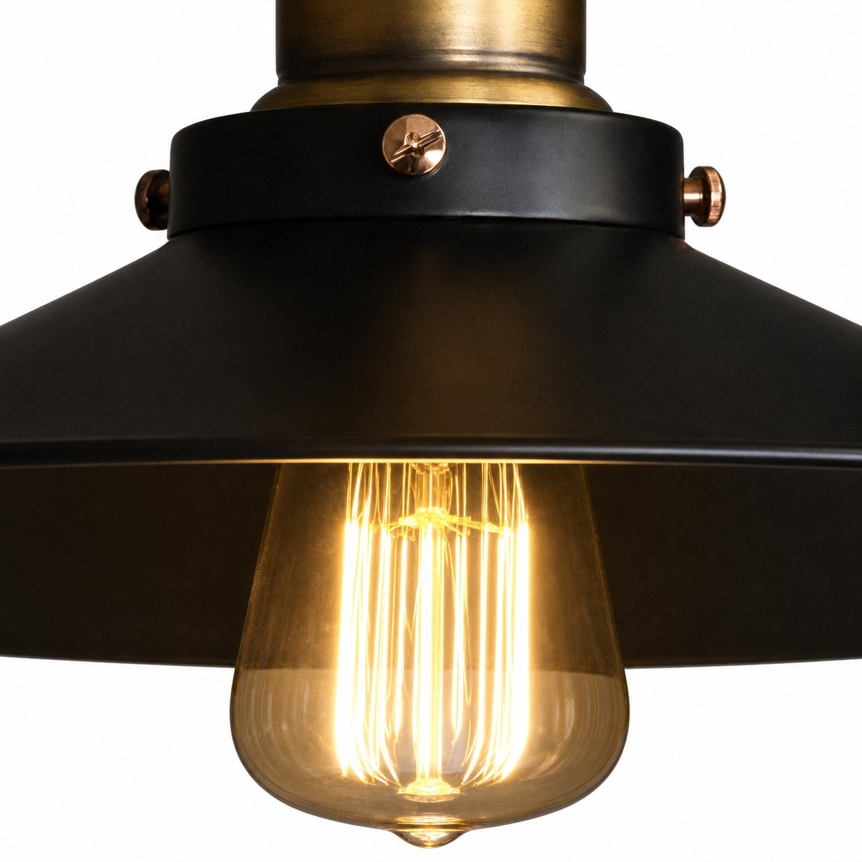 Close-up of black metal shade, fixing screws, and bulb position