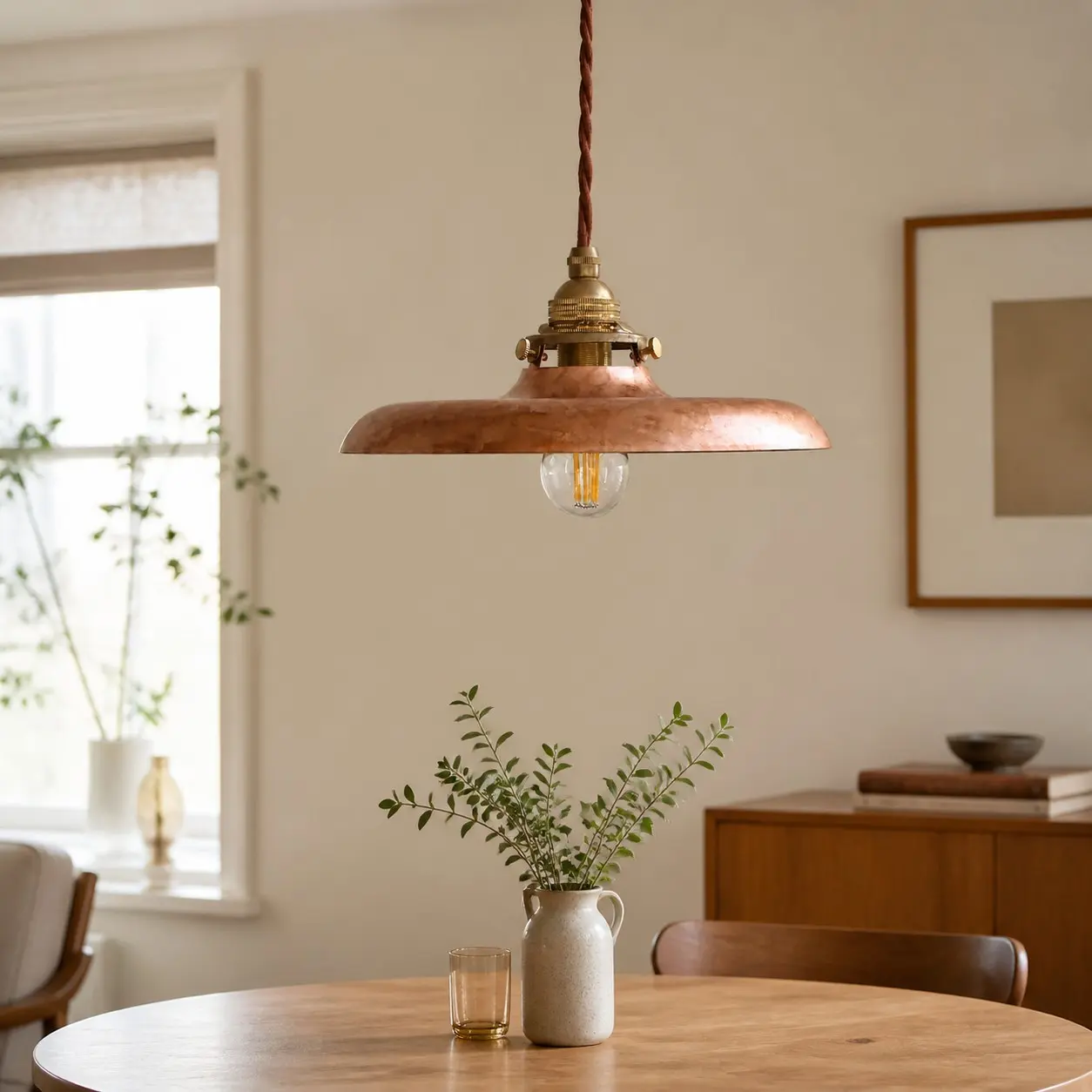 Distressed gold pendant light above a dining table