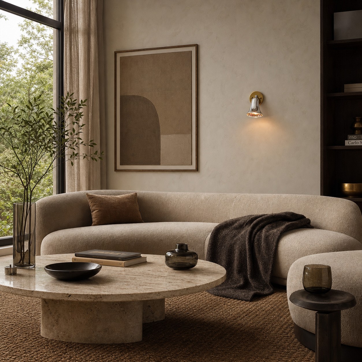 Brass wall sconce in a softly styled living room