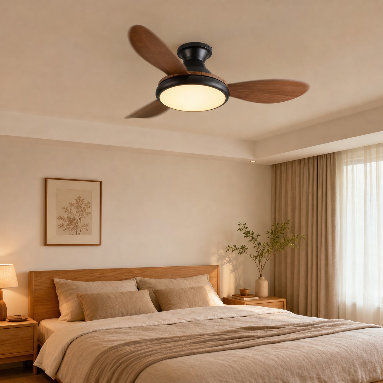 Wood-grain ceiling fan in a bedroom setting