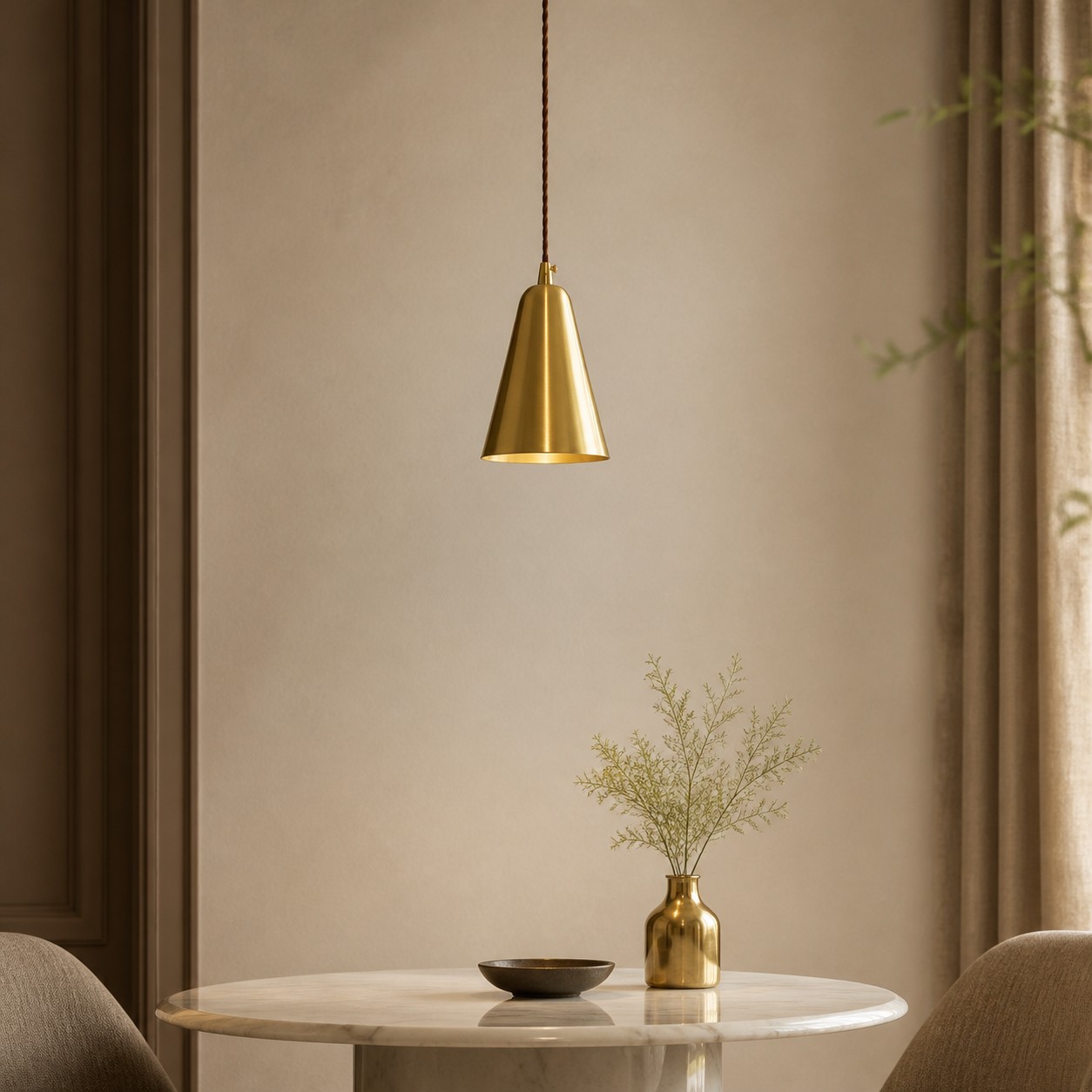 Tapered natural brass pendant light above a round dining table