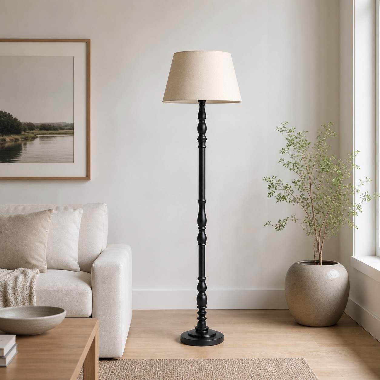 Turned-Wood Floor Lamp with Fabric Shade