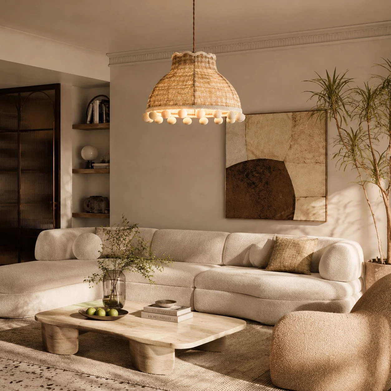 French Cream Pom Pom Fabric Pendant Light